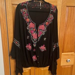 Free People embroidered top. Size L. Black with pink and orange embroide…